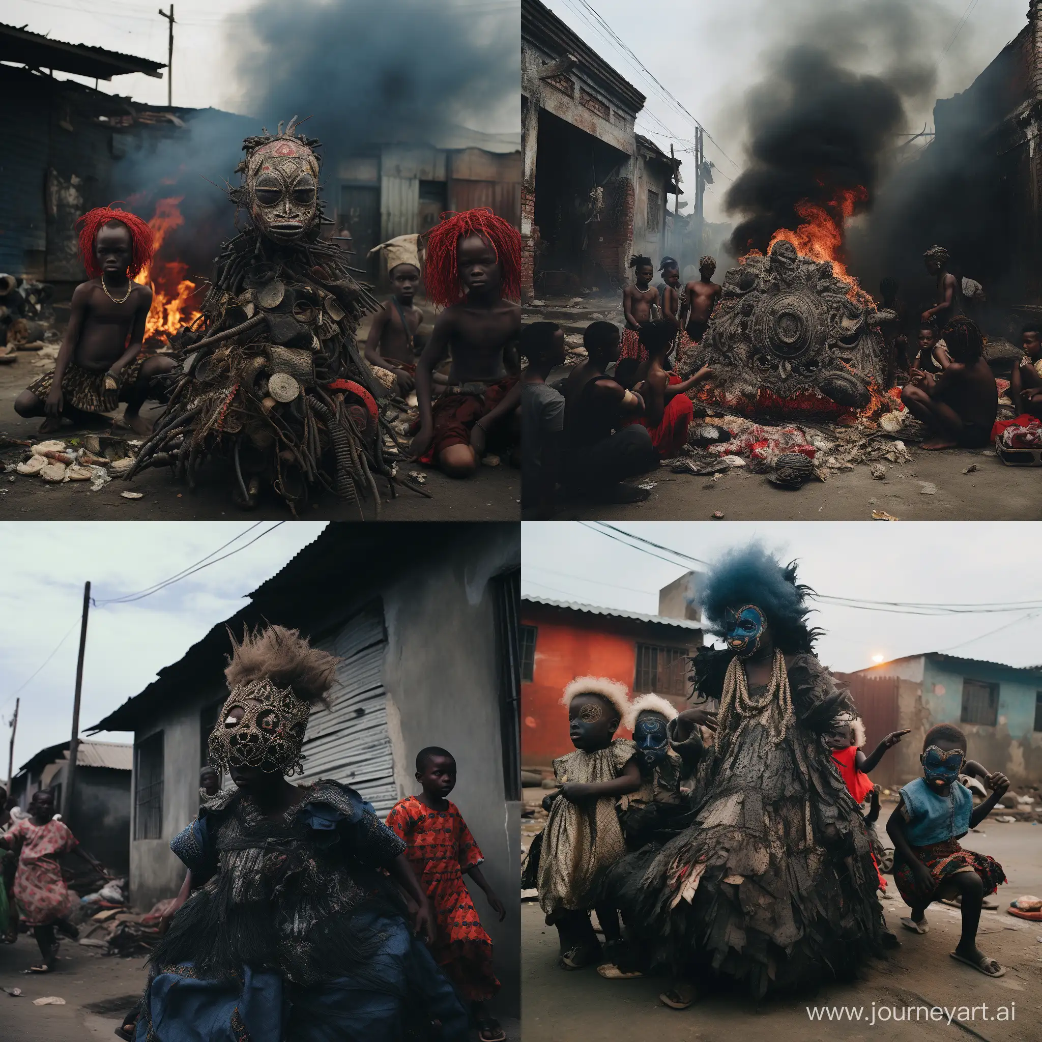 editorial photo for trap album cover, in a street, in the background burning tires producing black smoke, front of a slum house, door open with a group of five black children krumping, wearing intricate egungun vodoo masks made with fabric, glass, raffia, coton, yarn, porcupine quills, by northcote thomas,  by lucien shapiro, wearing very chic japanese colorful wool coat and front of a tv from 1980 with retro cartoons standing on plastic bar stool, moody cinematic, by jordan