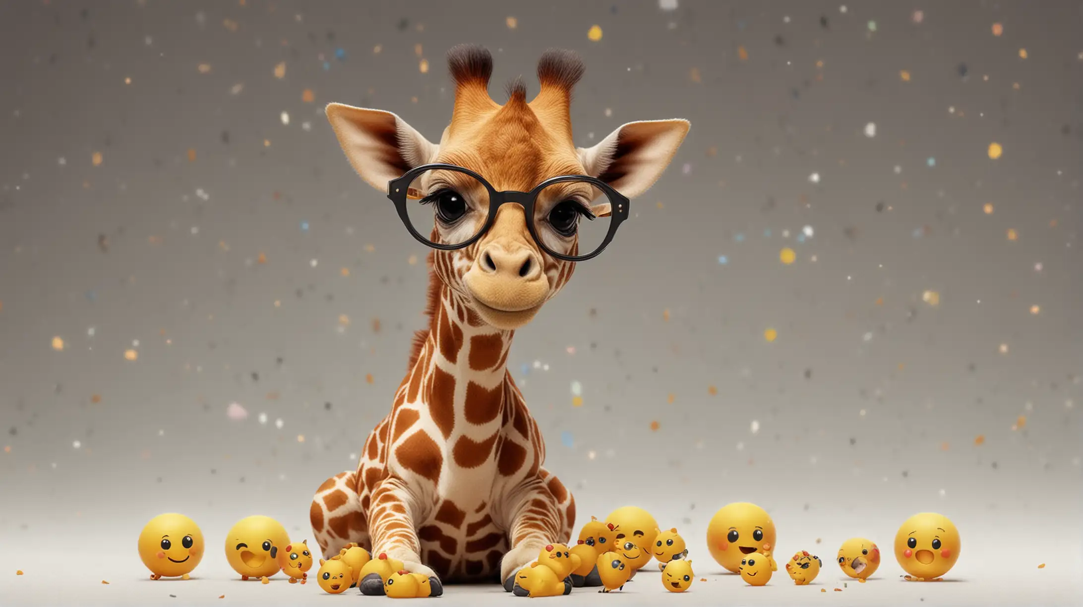 very small babby Giraffe with glasses in the space  with many emojis