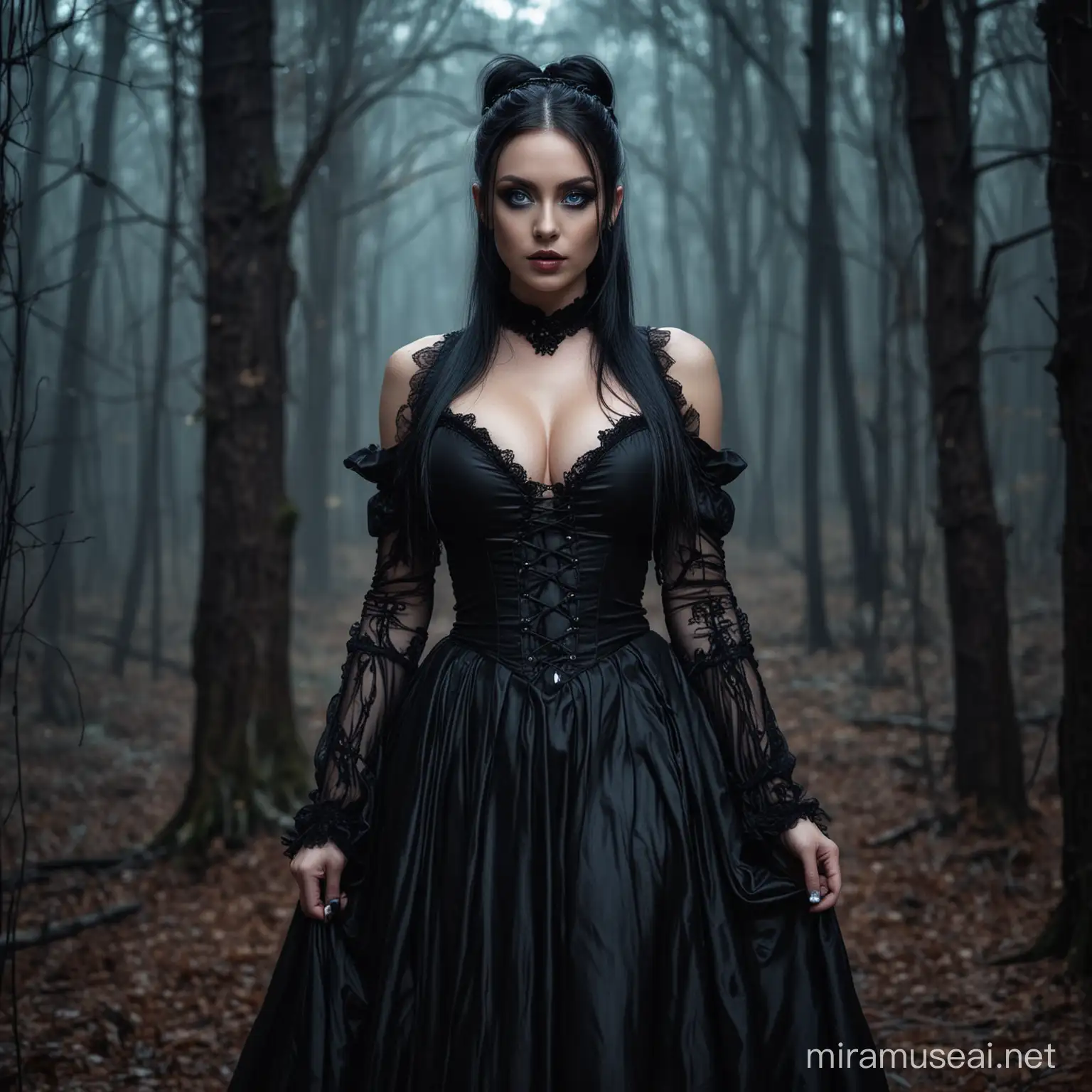 Beautiful model, with very big fake breasts, glowing blue eyes posing in an eerie forest, wearing Gothic vampire dress,  black hair in a ponytail, perfect face, full body view, night time


