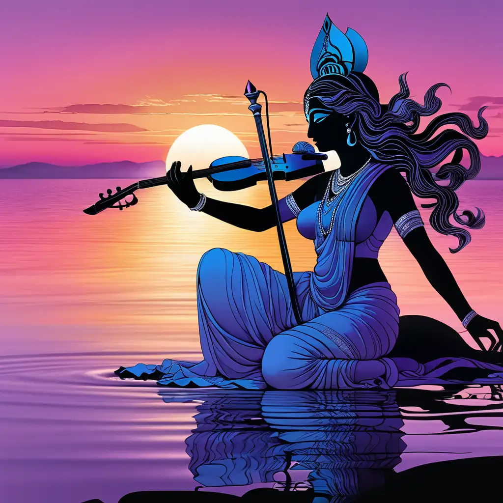 At sunset , the sea is still and reflecting, black silhouette of goddess Saraswati, very fine pencil lines, post art deco aesthetics with contemporary digital art , mentally integrated, color scheme dominated by azure and purple , nuanced , layered, atmospheric, psychologically reflective