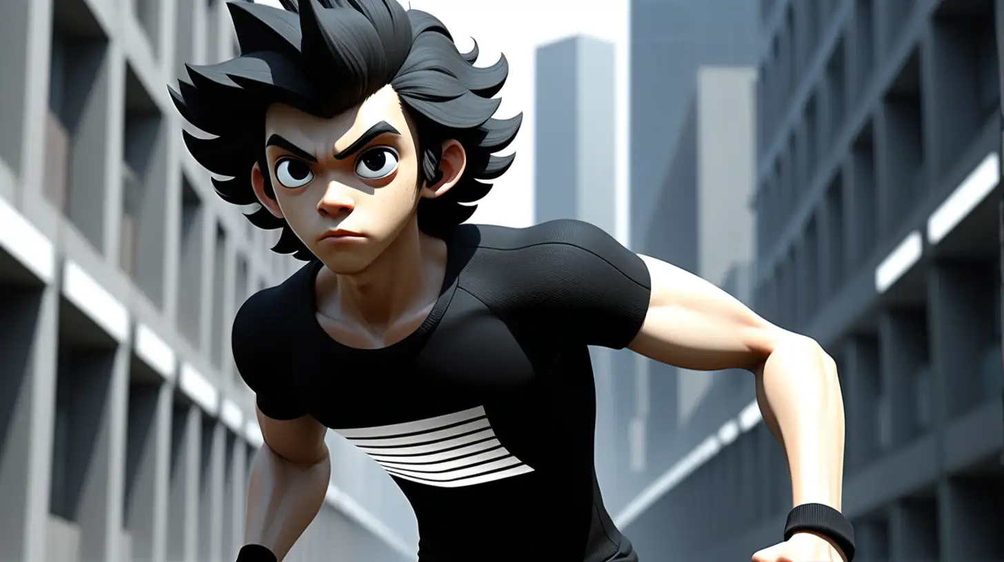 3d, anime, asian male, wearing black clothes with one white stripe, running, Logan's Run" is set in a dystopian future where society is confined to a domed city, and the population is controlled through a system that enforces euthanasia upon reaching the age of 17, The story follows a "Sandman" named Logan 5, Asian male, black curly hair, emo, thick black eyebrows, dark eyes, whose job is to track down and terminate "runners" – individuals who attempt to escape their fate. However, as Logan approaches his own 18th birthday, he becomes a runner himself and starts to question the society he once served.