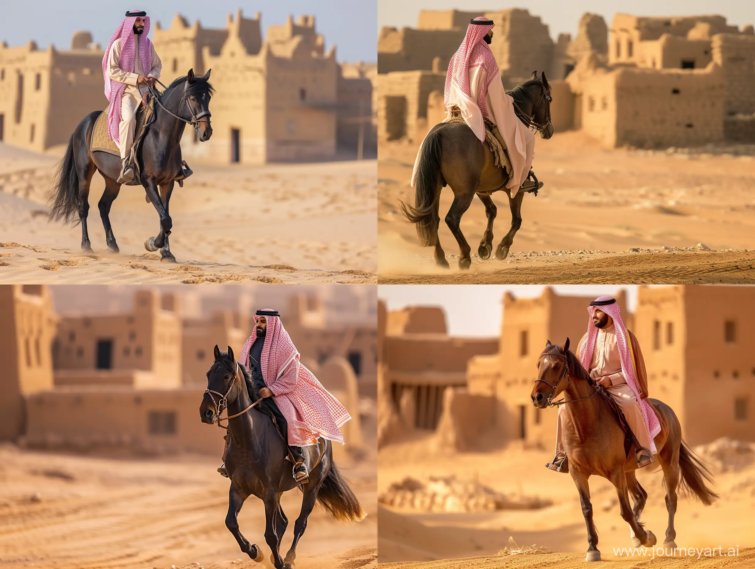 لقطه لكامل الجسم لرجل سعودي بلباس تقليدي يمتطي حصانا عربيا في الصحراء و الخلفية بيوت طينية قديمة من تراث المملكة العربية السعودية 
