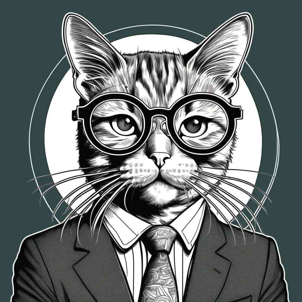 A cat wearing glasses, crisp lines, details, black and white, colouring 