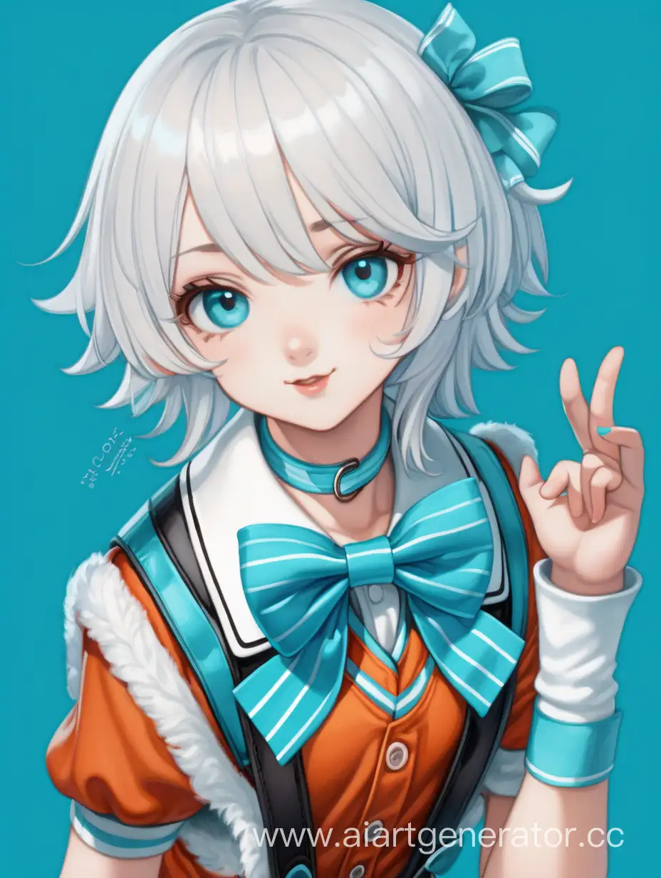 Sweet schoolgirl. Short snow-white hair. Turquoise bow with white stripes. The eyes are the same turquoise color. A black jacket, underneath an orange vest and a white shirt. There is a red ribbon tied around the neck like a bow. Blue short skirt. Stockings of the same turquoise color with white stripes.