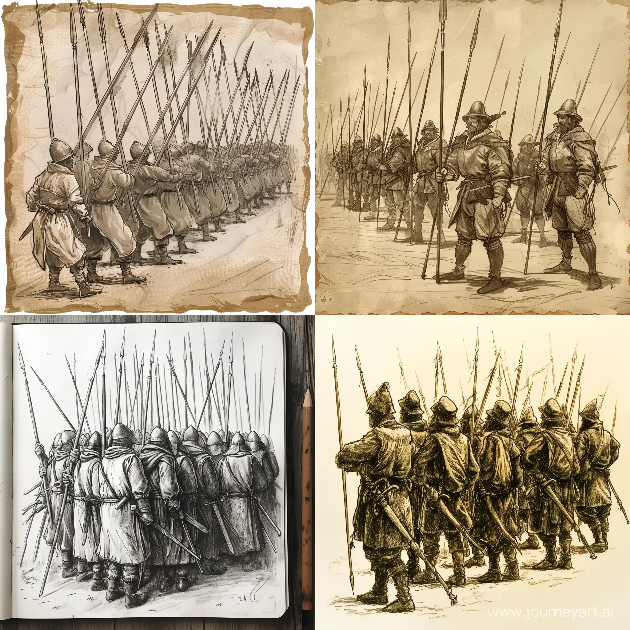 Draw a medieval peasant militia with spears