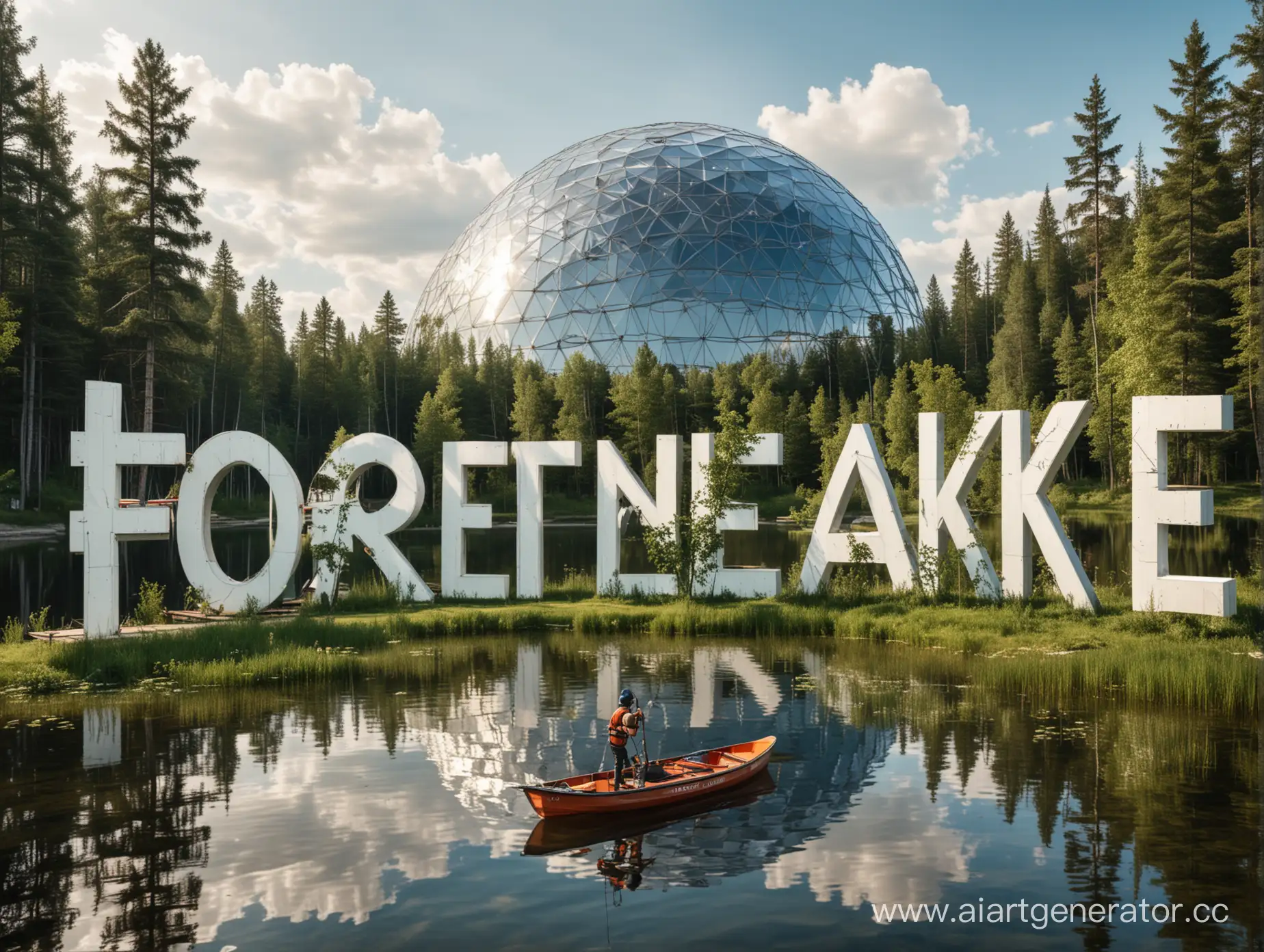 Надпись Лесное озеро на русском языке, на заднем фоне озеро, деревья, Геокупол, катер челевоке на вейборде