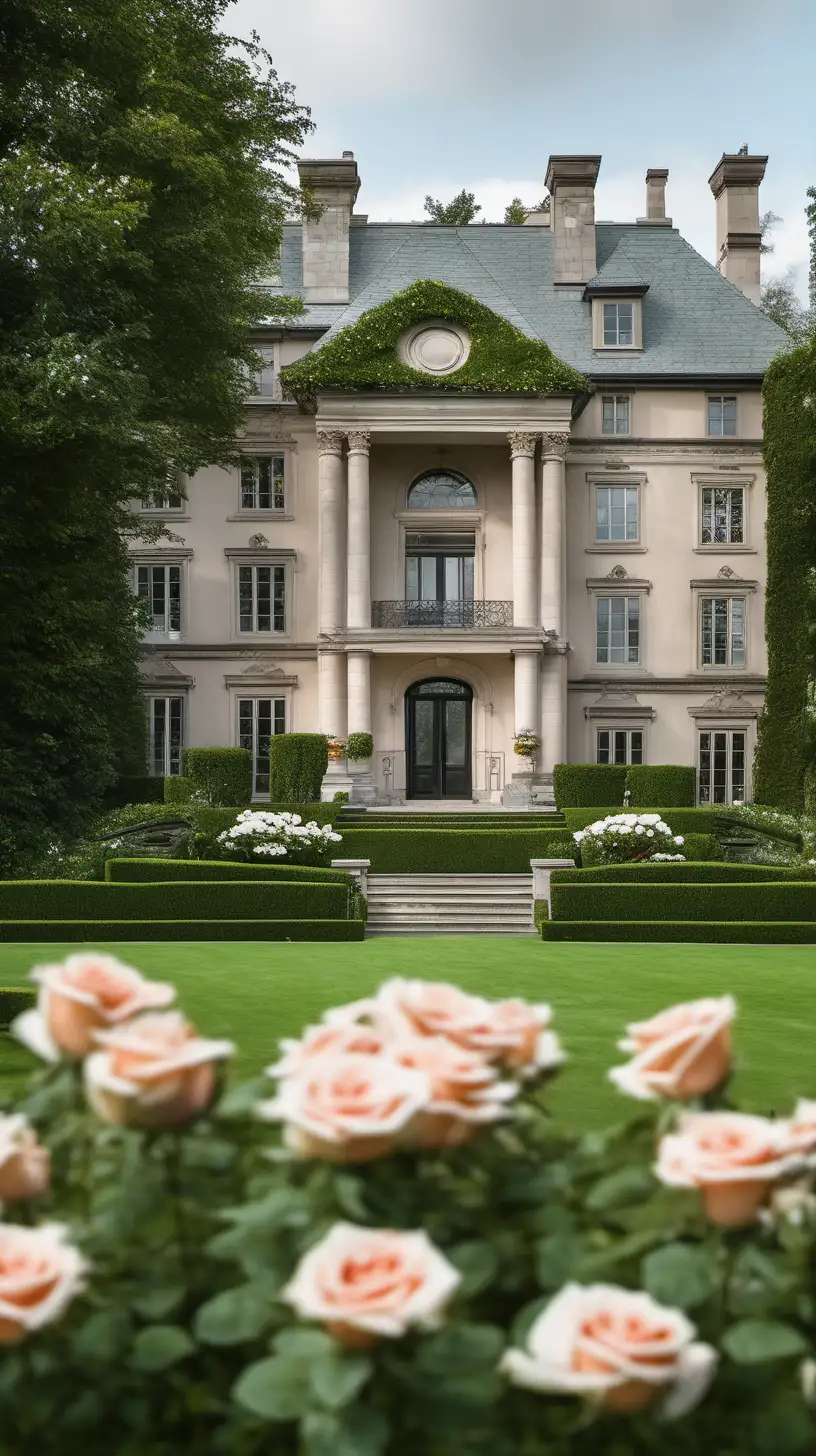 A big mansion with green, healthy grass and a few roses on the side of the grass 