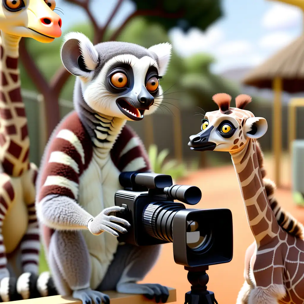 A ringtailed lemur as a news reporter interviewing a giraffe