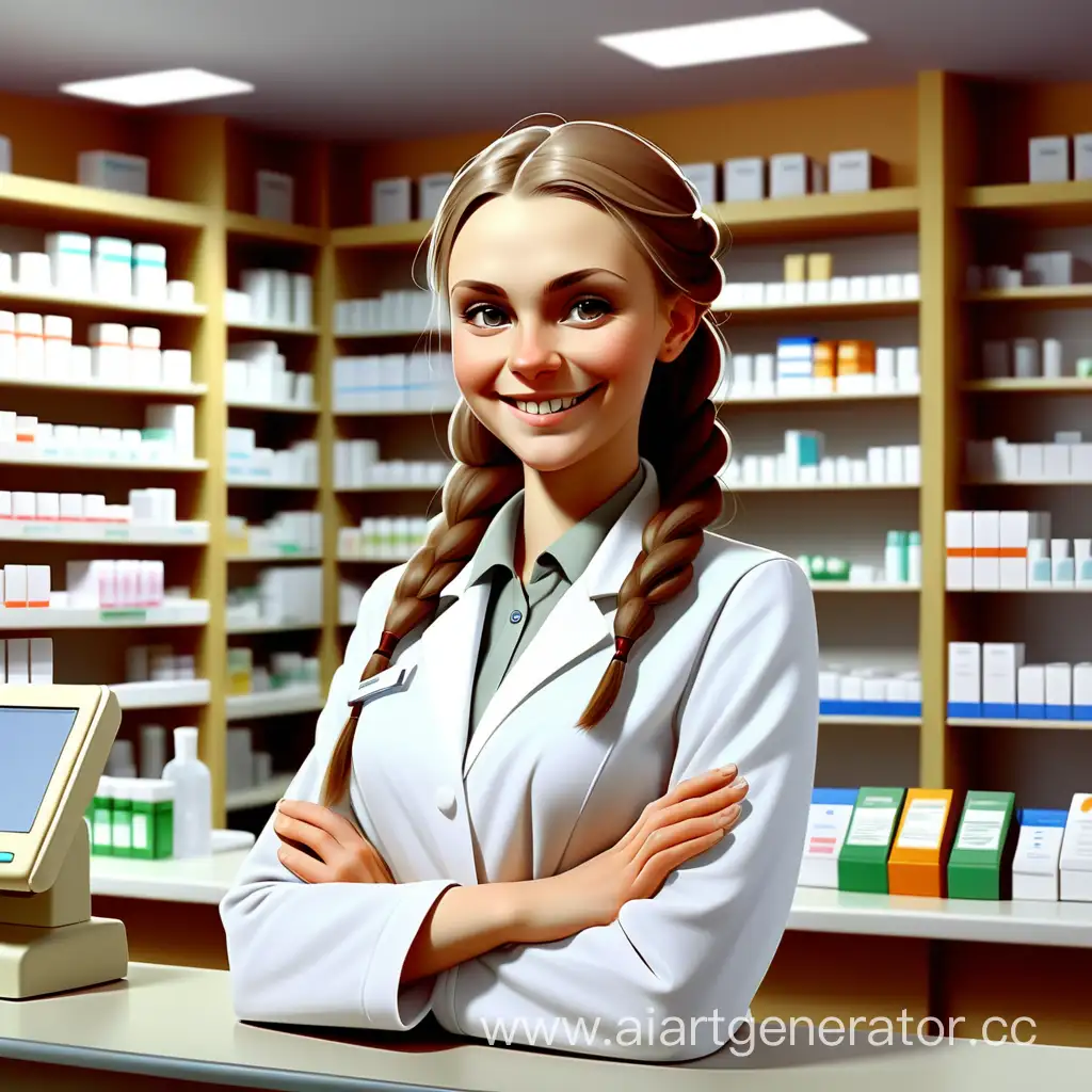 One kind and humble cordially smiling Slavic lady pharmacist at the pharmacy counter is ready to help