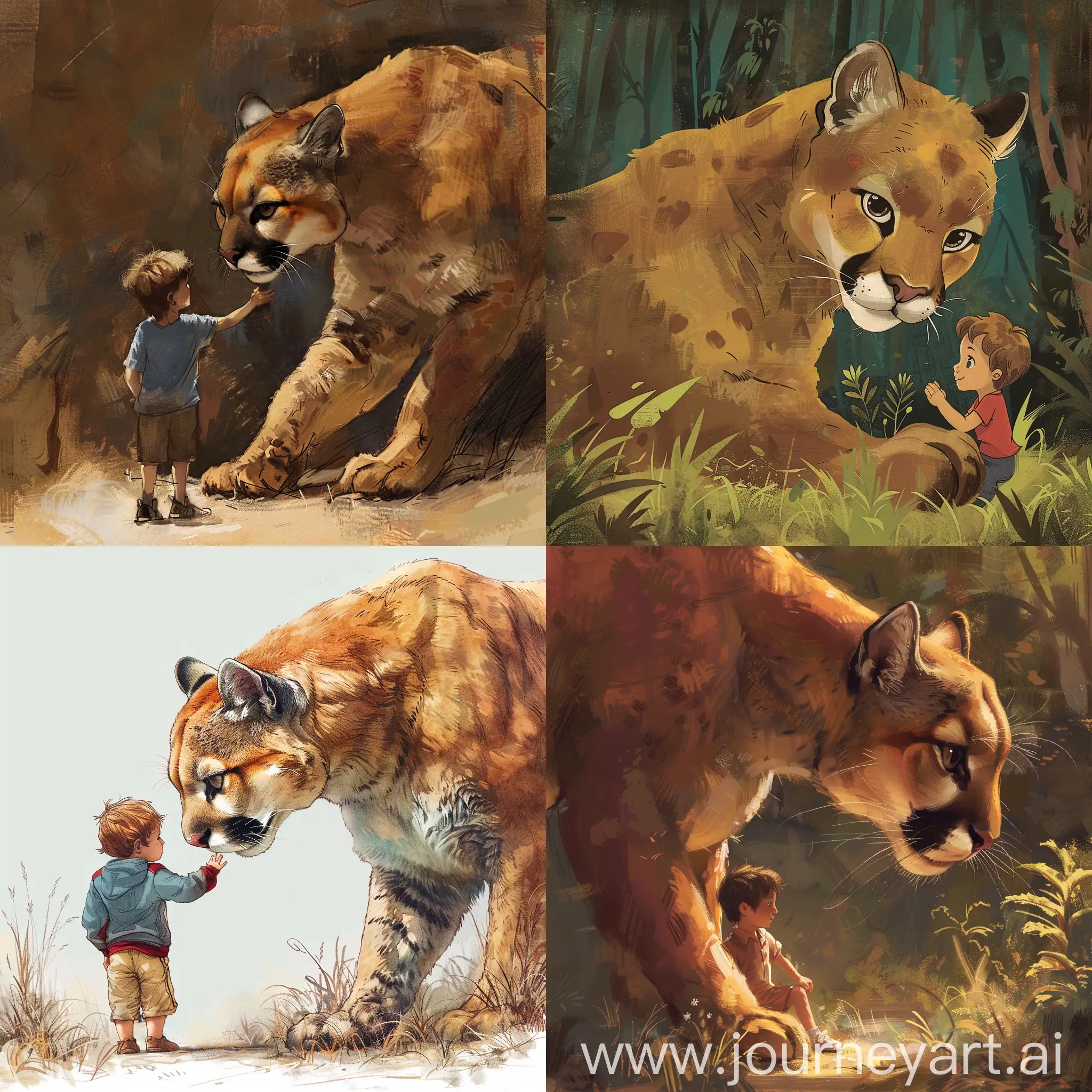 Erstelle ein Bild von einem Puma und einem kleinen Jungen. Sie sind befreundet.