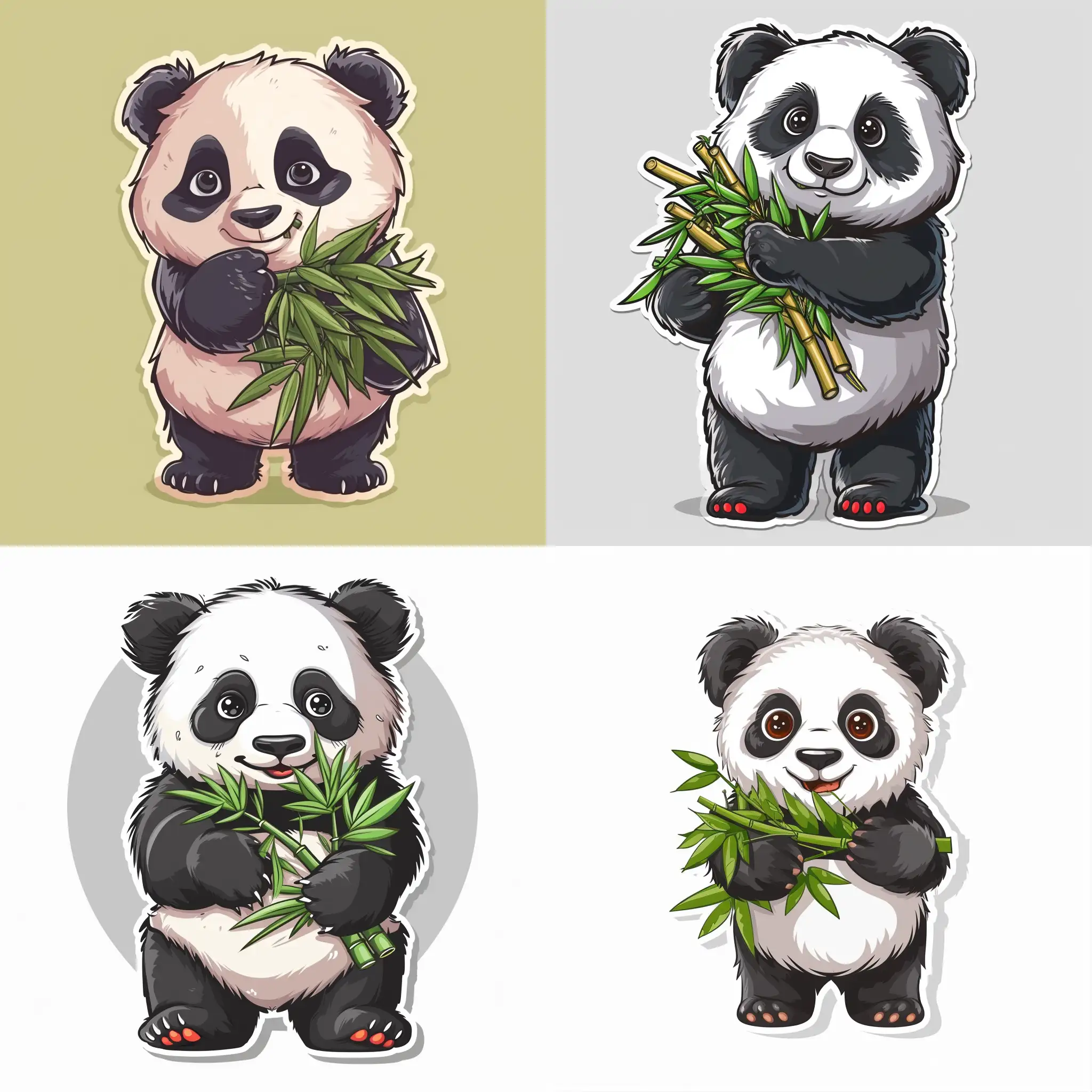 Cute little panda holds an armful of bamboo, cartoon sticker, in vector style