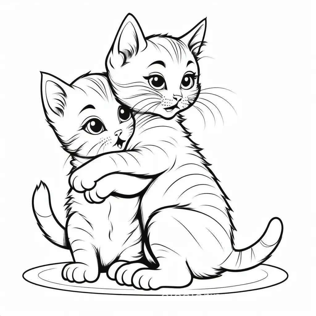 one kitten on top of another kitten in a playful brawl, Coloring Page, black and white, line art, white background, Simplicity, Ample White Space. The background of the coloring page is plain white to make it easy for young children to color within the lines. The outlines of all the subjects are easy to distinguish, making it simple for kids to color without too much difficulty