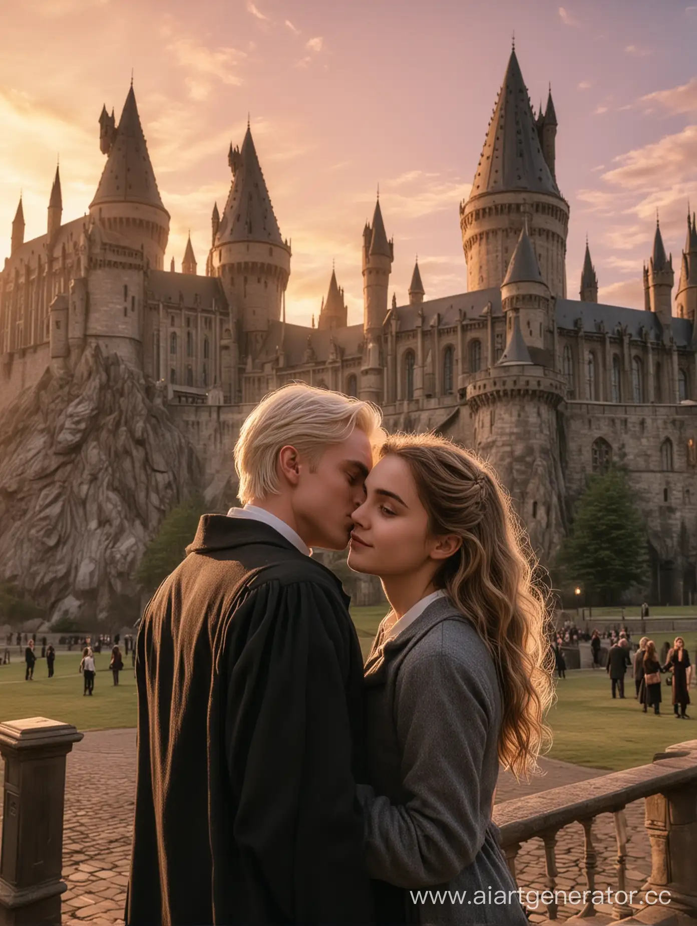 Hermione Granger with yellow eyes and Draco Malfoy with gray eyes are standing back to back, leaning their heads against the background of Hogwarts Castle, at sunset