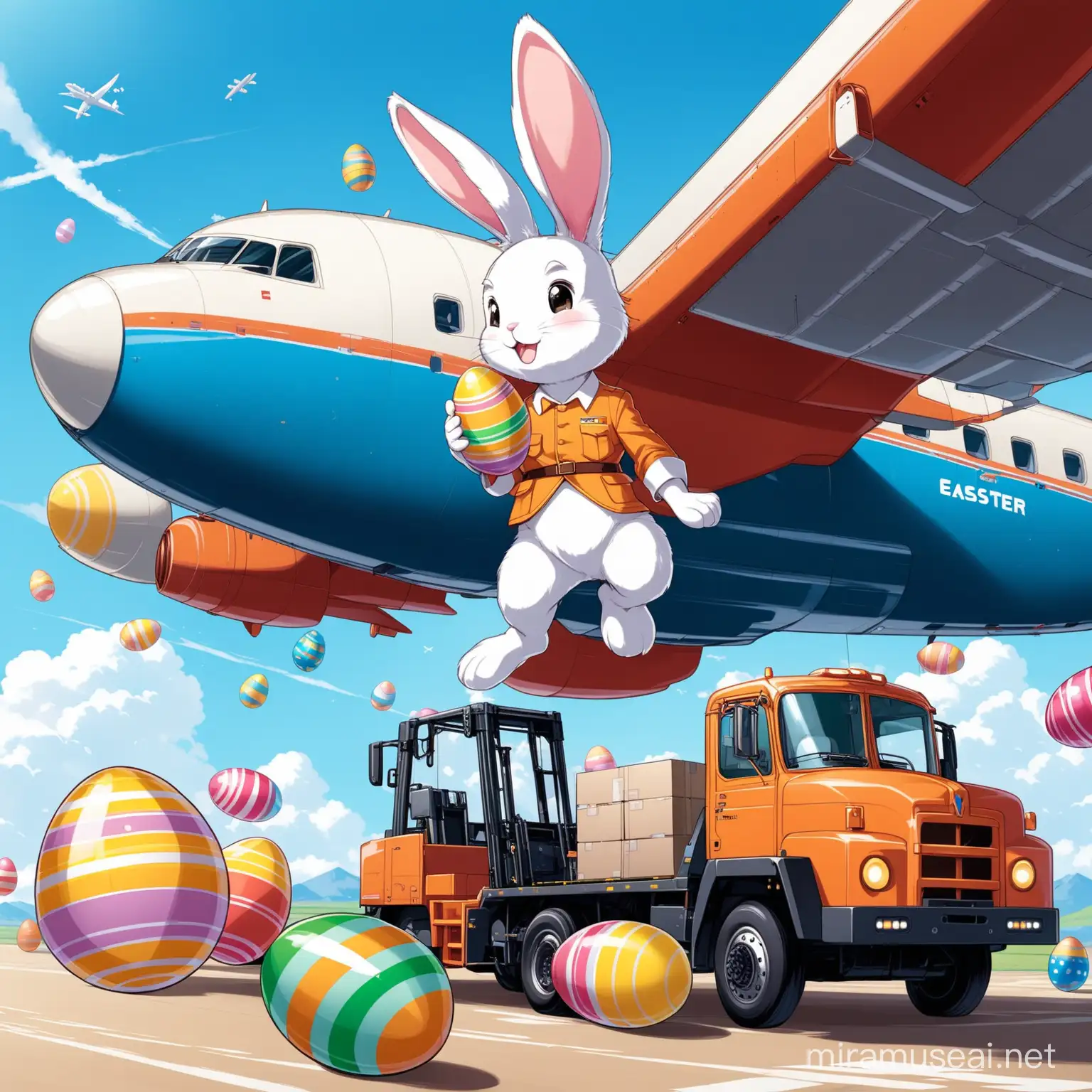 Easter Bunny in Uniform Loading Easter Eggs into Aircrafts and Trucks