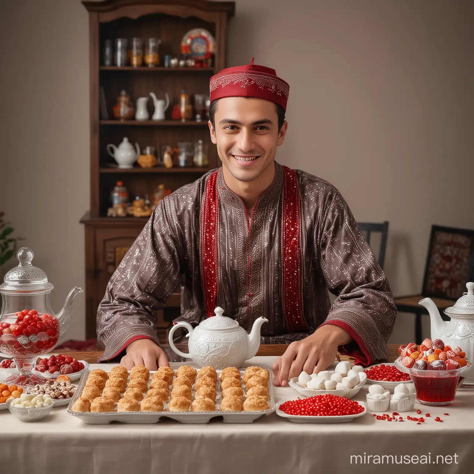 Real photo of an elegant and smiling Western young man celebrating Eid al-Fitr. In front of him is a table with a variety of sweets and a teapot. He wears a traditional robe that is half white and half red. Behind him is the name “Karim” written in red crystal, and in front of him are the words “Eid Mubarak.” Realistic, high-quality 4K image