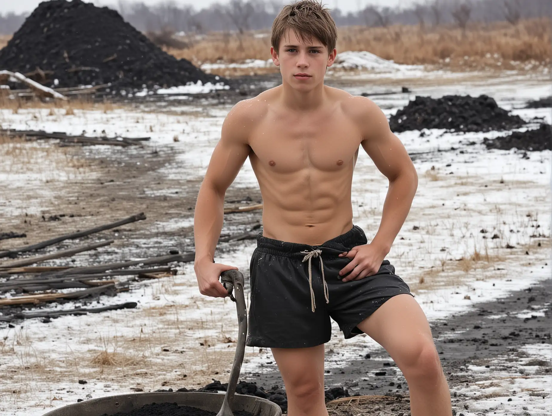overseen by a cruel guard, a very cute young barefoot 18-year old teen boyish lean hungry starved filthy slave-boy, working in the windswept wintery conditions, in a hard-labor punishment coal-yard, dirty bare feet on sharp stony ground, shoveling coal onto a coal cart, , threadbare skimpy kids shorts are much too short for him, showing his bare upper thighs,  arctic winter snow, barefoot showing his dirty cold bare feet and toes,   naked except wearing a little boy's skimpy tight tiny low-rise revealing erotic extremely short crotch-length little boy's shorts, showing his bare naked upper thighs, tanned sweaty dirty, 