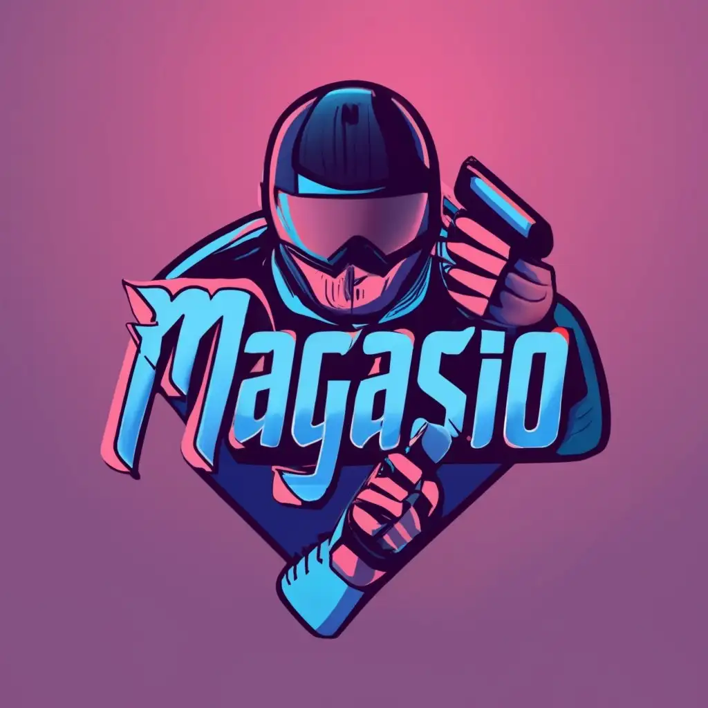 logo, First Person Shooter, with the text "Magasio", typography