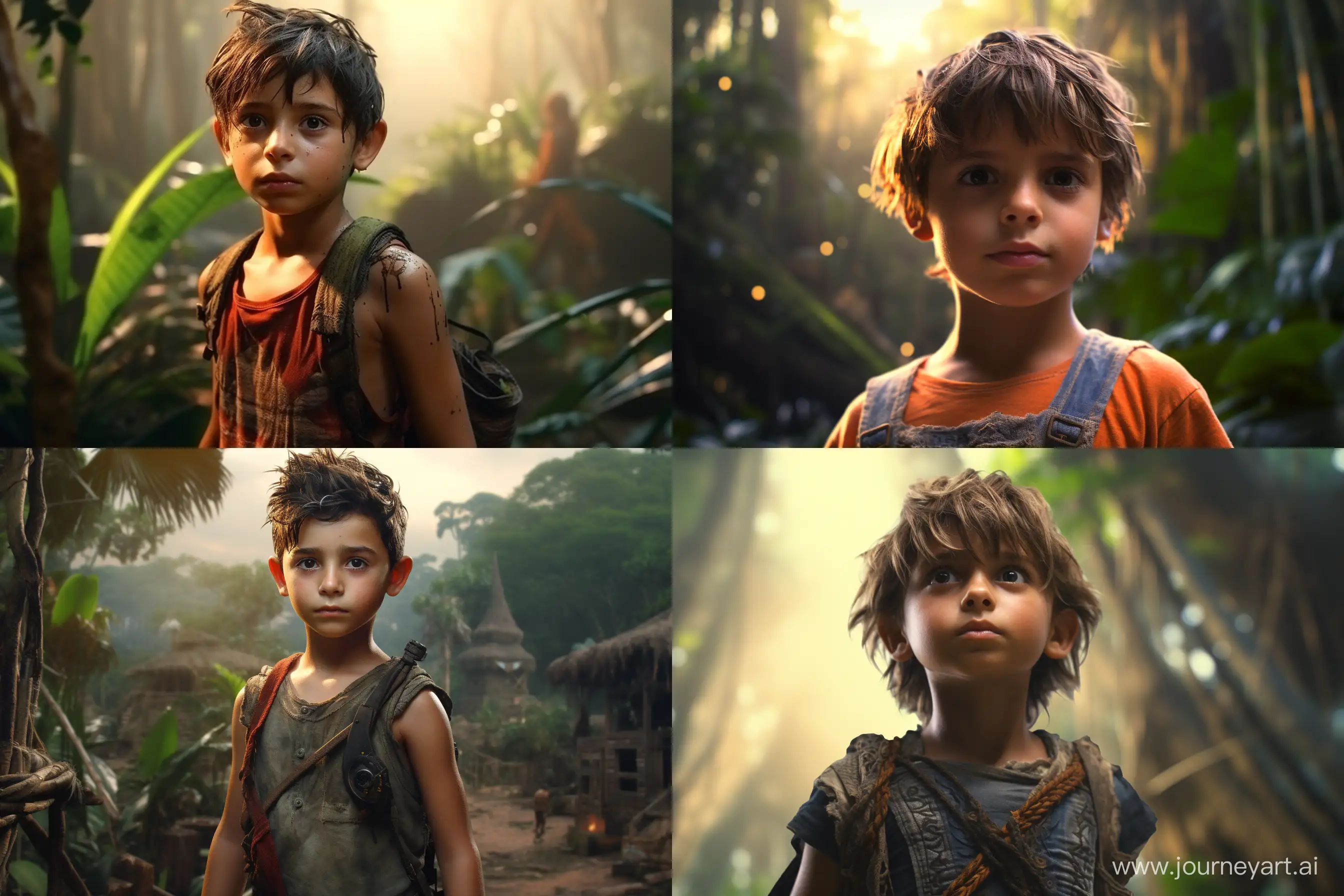 A young boy in a beautiful jungle and village with bright eyes and tousled hair, standing with a look of curiousity and wonder, hyper-realistic, 8k, ultra HD, Pixar style, Disney style, cinema 4d, --ar 3:2