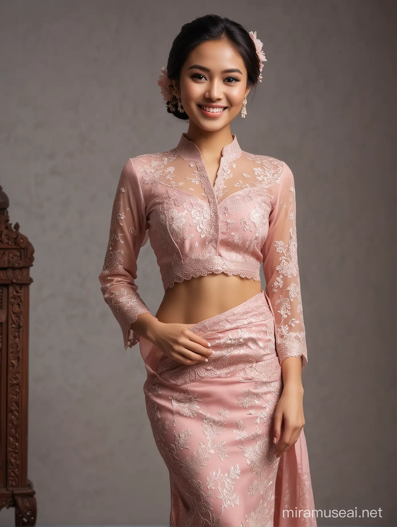 Full body photo of a beautiful 25 year old woman from Indonesia wearing a kebaya and looking real, detailed and clear as a perfect woman, smiling sweetly against the background of Indonesian Kartini Day.