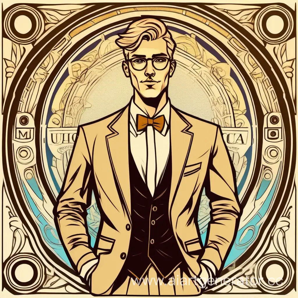 Handsome, tall, spectacled young blonde man radio show host in the style of Alfonse Mucha