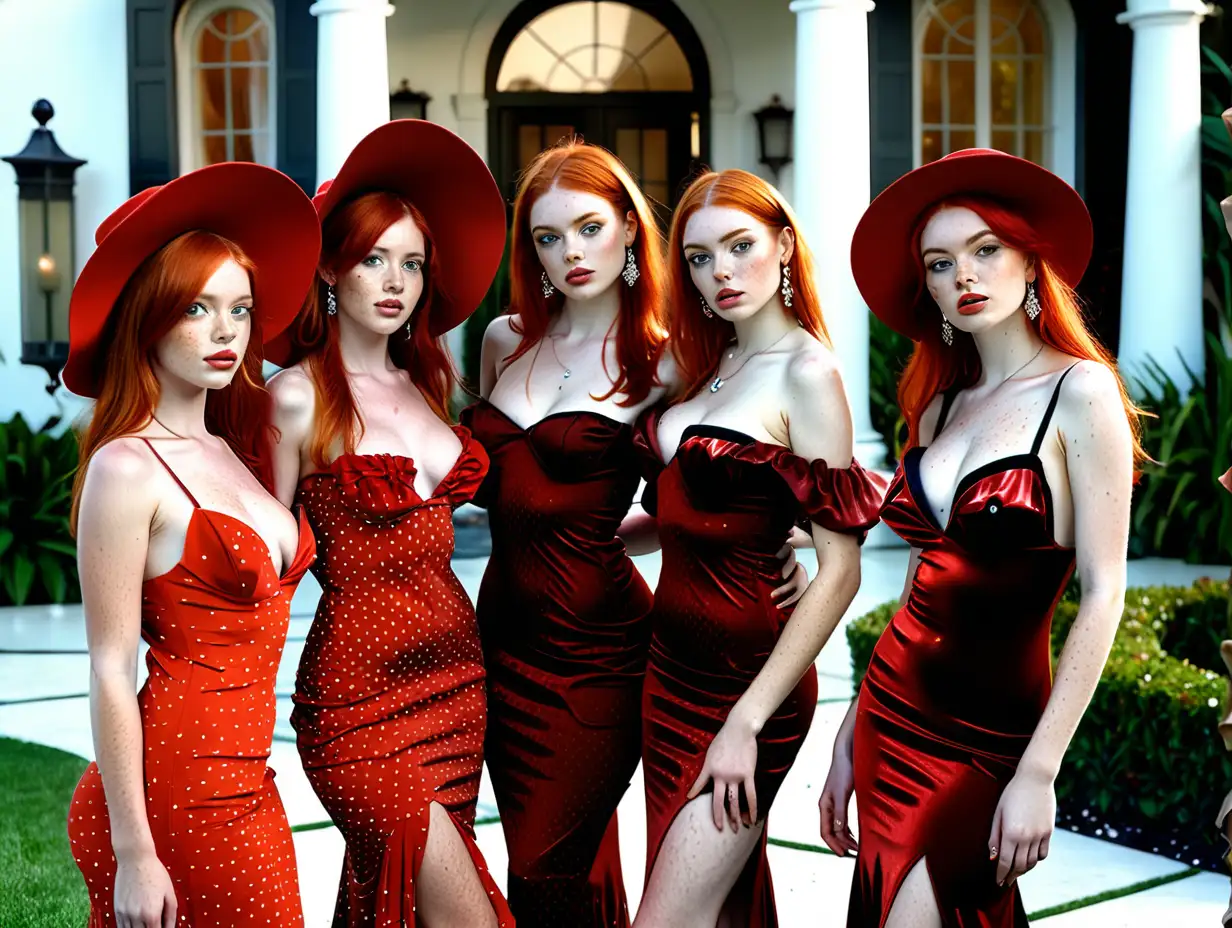 Create 3 pretty girls, they have natural freckles, natural red hair, are 27 years old, they are standing on the front yard, they have red high fashion dresses, huge boobs, slim, 180cm, they looks like a high fashion models, location Beverly Hills luxury house, Los Angeles. They have Red Hat, sexy pose. Diamond jewelry on their necks.