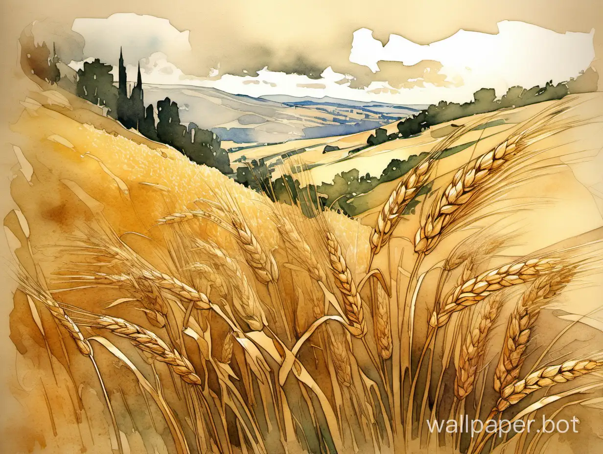 Vibrant-Wheat-Field-Landscape-Watercolor-Painting-Inspired-by-Alphonse-Mucha