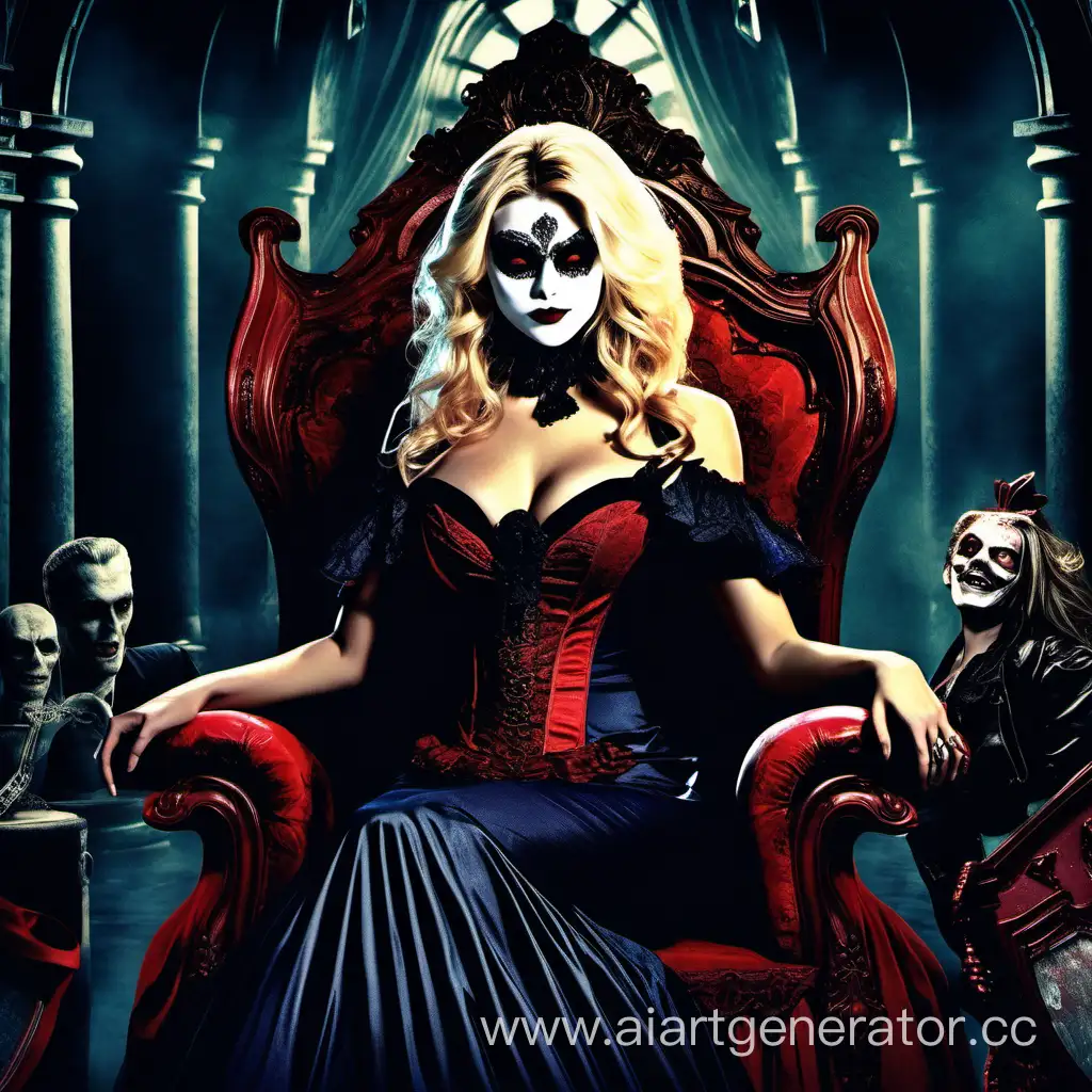vampire, woman, in a ball gown, blonde hair, in a carnival mask, World of Darkness, with a fan, on a throne