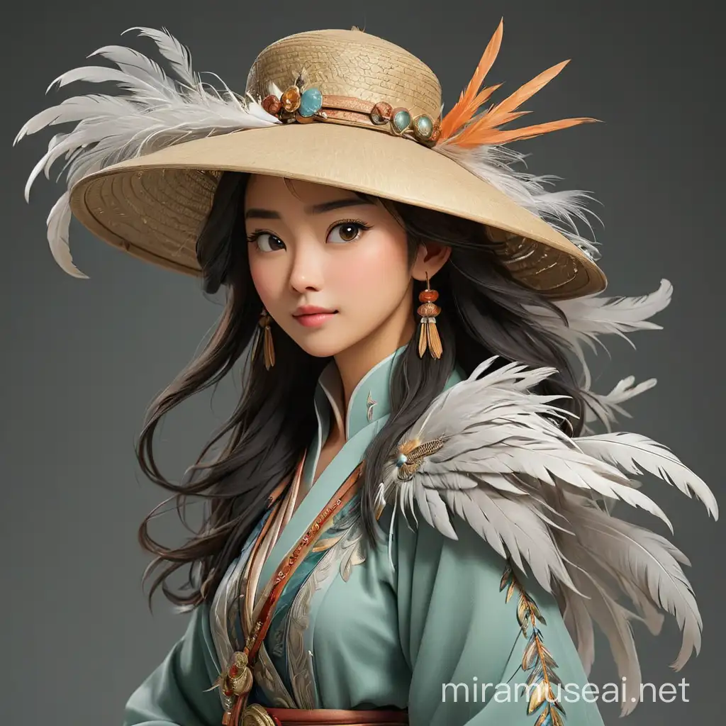 金虎耳的睿智富有女子帽子上直立着5根又细又长的羽毛，背景色是透明的。