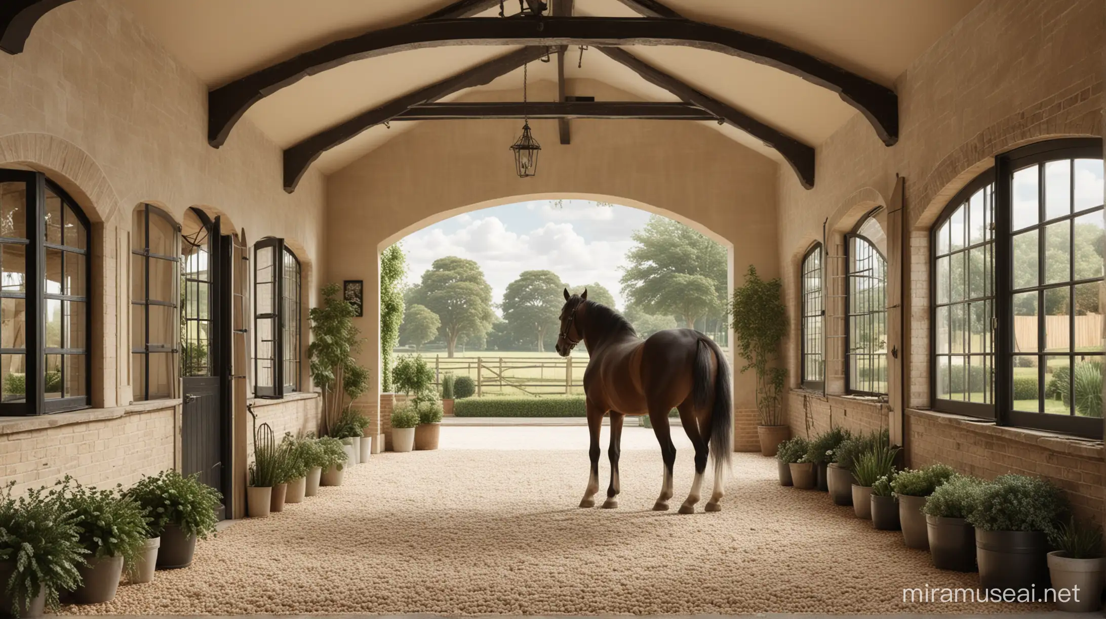 hyperrealistic image of the inside of an English country horse stable; beige, ivory and black, symmetrical, plants, natural light from big window, open archway showing outside scenery, brick floor