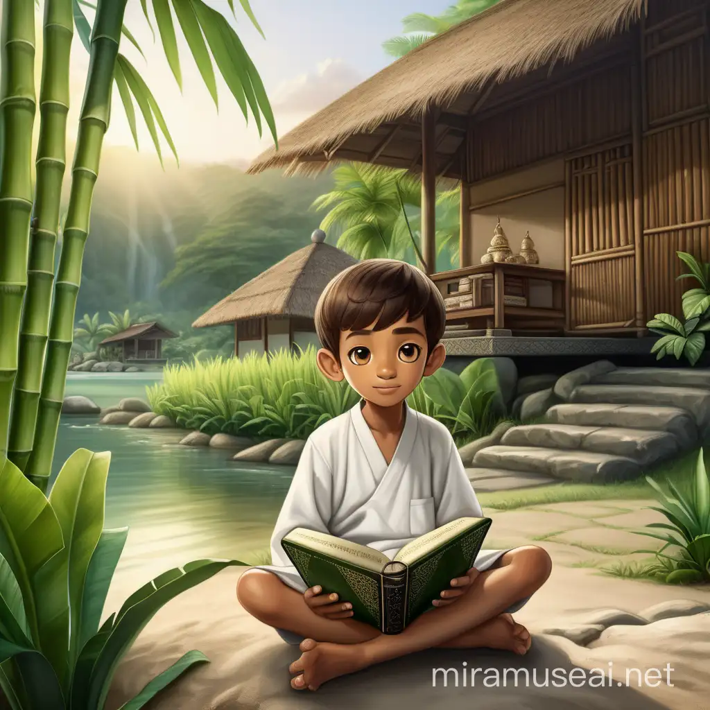 Devout Boy Reading Quran by Serene Bamboo House at Dawn