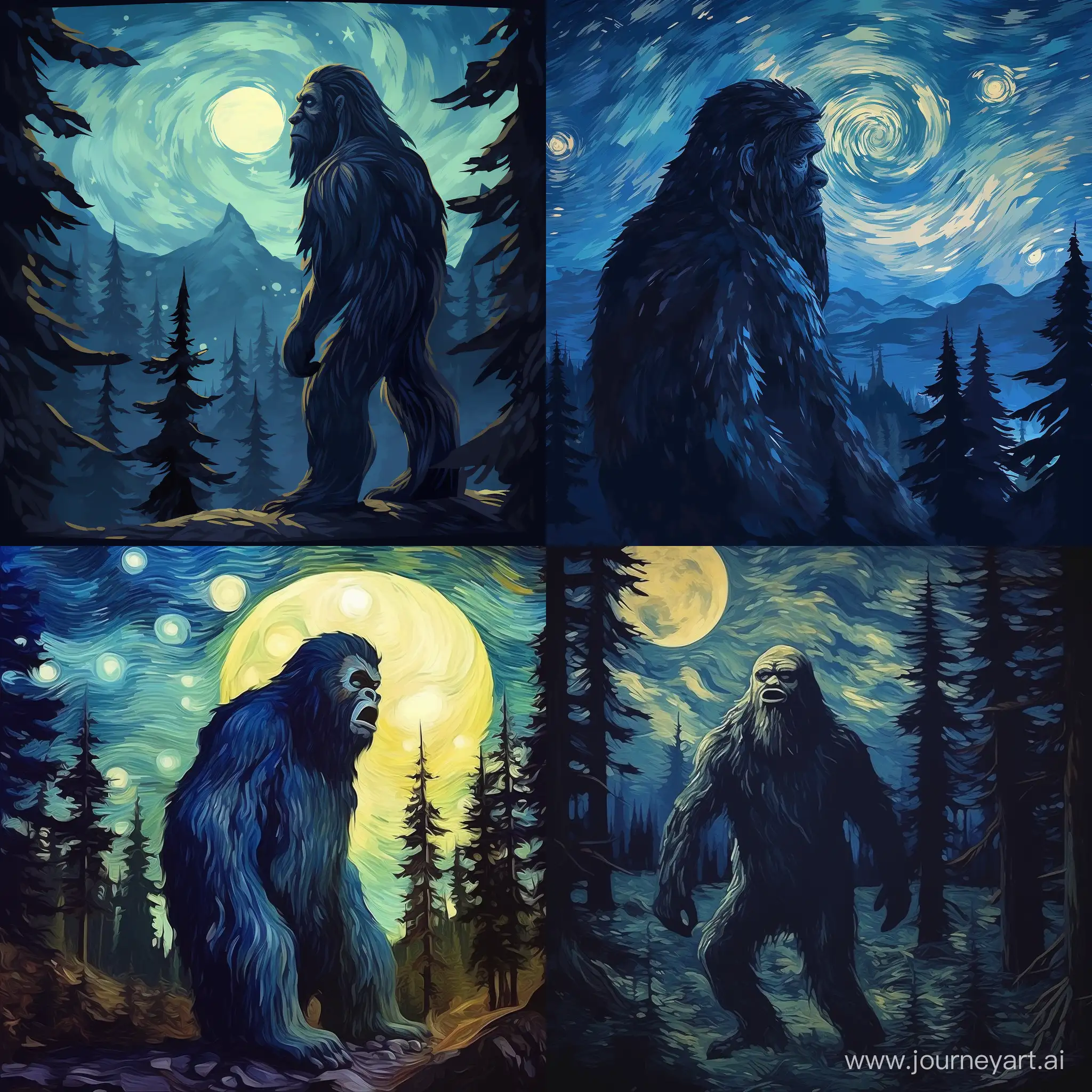 Generate an image blending Bigfoot with Van Gogh's 'The Starry Night.' Feature Bigfoot in the foreground with Van Gogh-style brushwork against a swirling night sky and moon, with pine trees silhouetted in the background, capturing the essence of the iconic painting in a forest setting