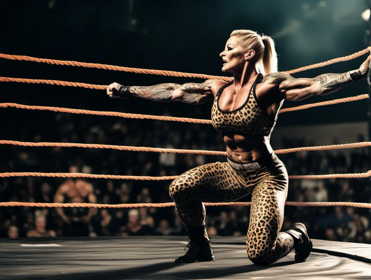 Full height extremely muscular blonde tattooed female bodybuilder  wearing a two piece sleeveless leopard skin wrestling outfit leaning in the corner of a wrestling ring inside a large crowded smoky arena doing a double biceps flex