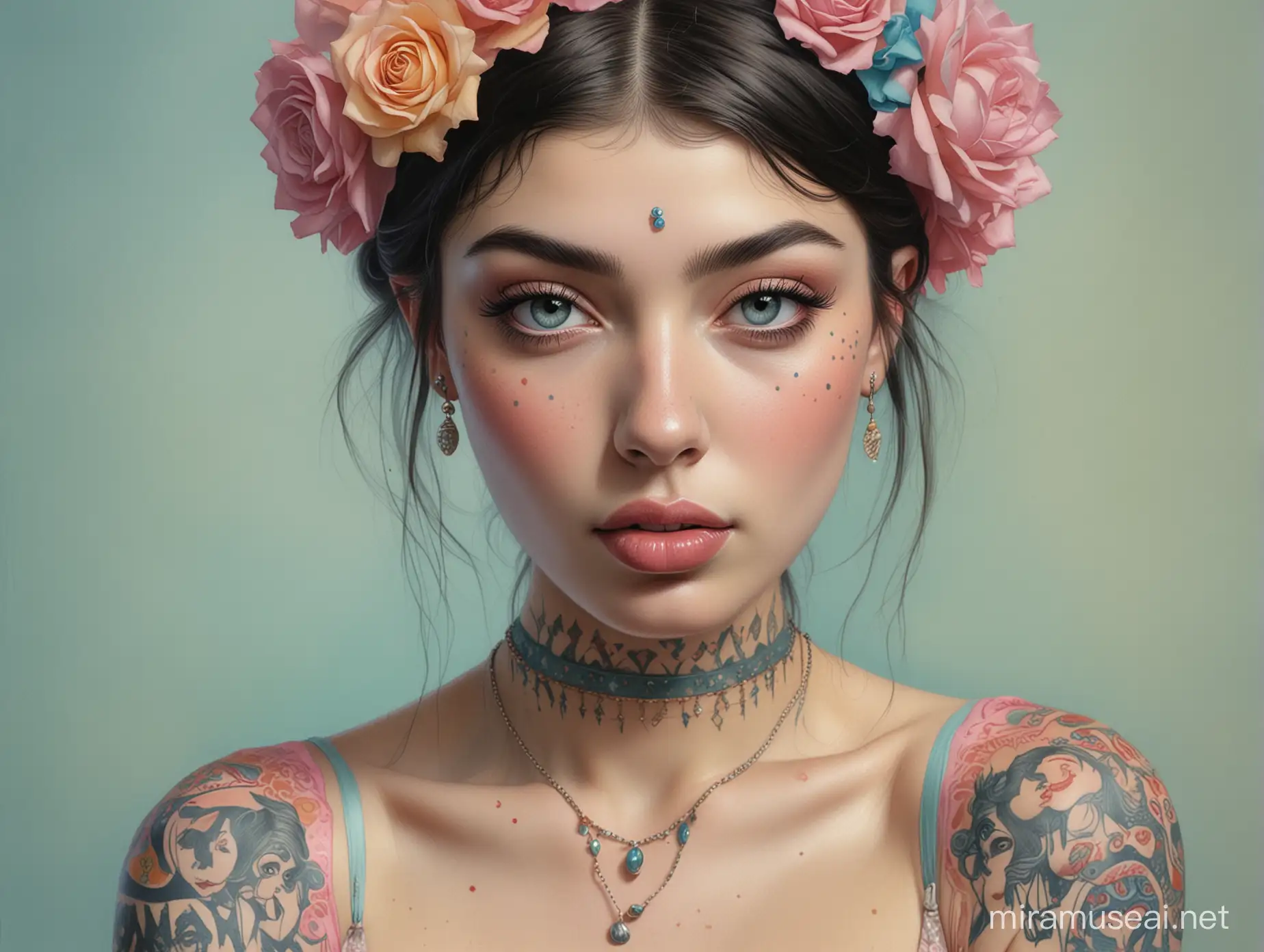 **exotic hyperrealistic watercolor of a Circus Girl, Camila Morrone, Covered in tattoos, 1930’s, bright colorful pale pastels , highly detailed, in the combined styles of Bill Carman, Travis Charest, Craig Davison , pastel pink, neon pink, aquamarine blue, pastel blue, lime green and pale yellow--ar 2:3