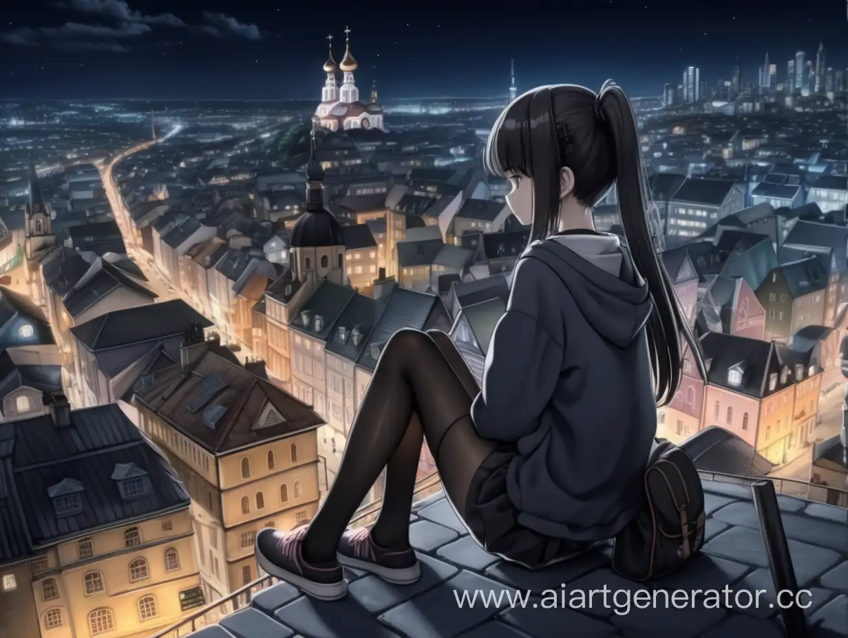 Urban-Night-Scene-with-Anime-Schoolgirl-on-ChurchRoofed-Cityscape