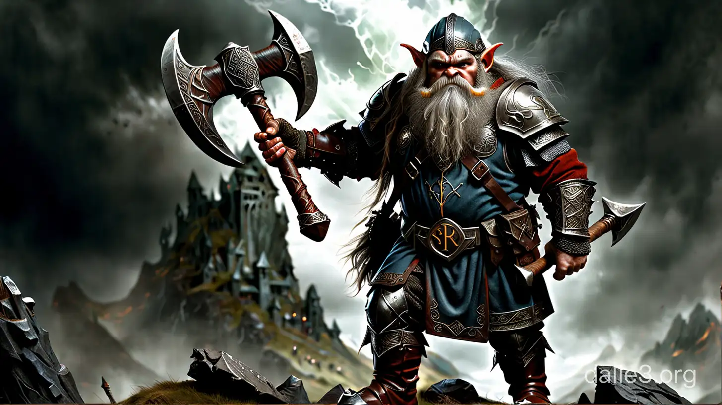 Дворф из мира средиземья, закованный в сиальную броню, с длинной секирой в руках