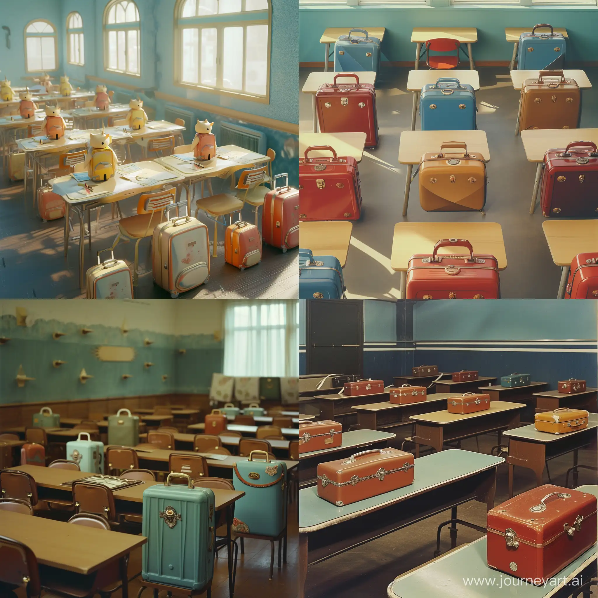 School class, anthropomorphic suitcases sitting at the tables