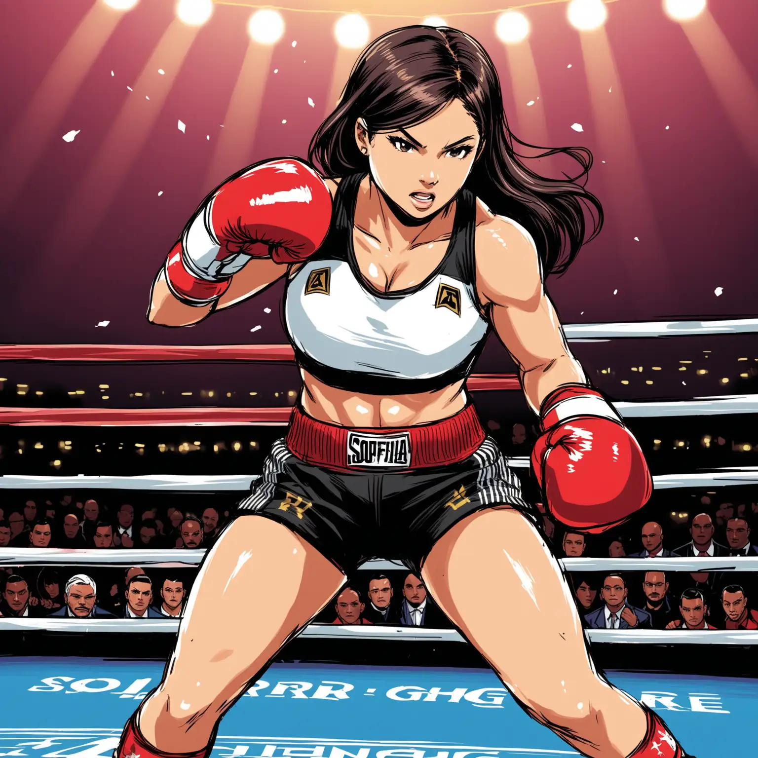 sur un style bande dessinée :  
Sofia Rodriguez est une boxeuse rapide et agile, surnommée "L'Éclair" pour sa vitesse sur le ring.
Avec sa capacité à esquiver habilement les coups et à contre-attaquer avec précision, elle surprend souvent ses adversaires avec des combinaisons rapides et dévastatrices.
Originaire d'un quartier populaire, Sofia a dû lutter contre les stéréotypes de genre pour se faire une place dans le monde de la boxe, mais elle a prouvé maintes fois qu'elle était une adversaire redoutable.