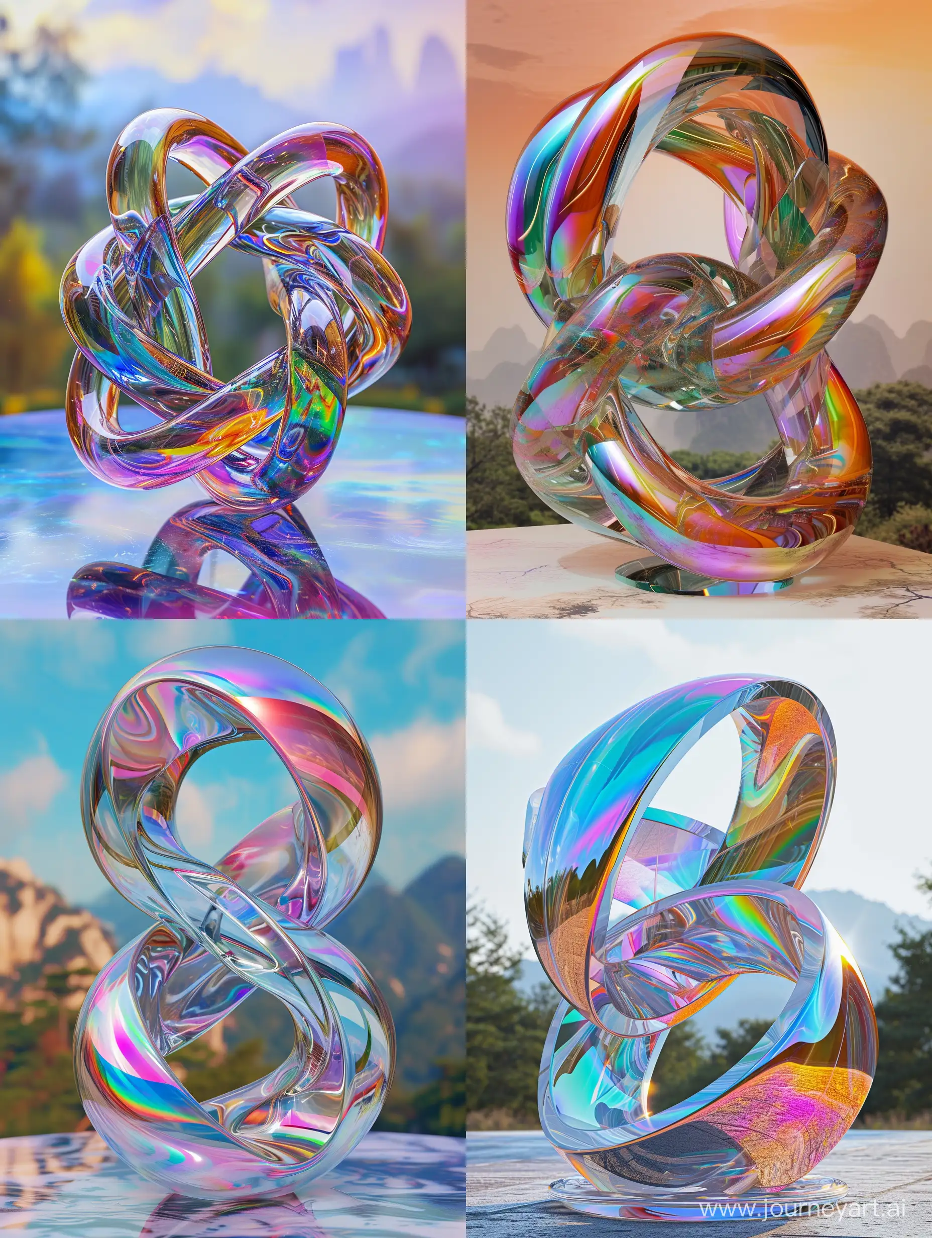 (Highest Quality:1),(Masterpiece:1),(Create a 3D geometric sculpture with iridescent glass textures:0.6),intertwining loops,and vibrant color refractions,zhigan,(Chinese landscape background)