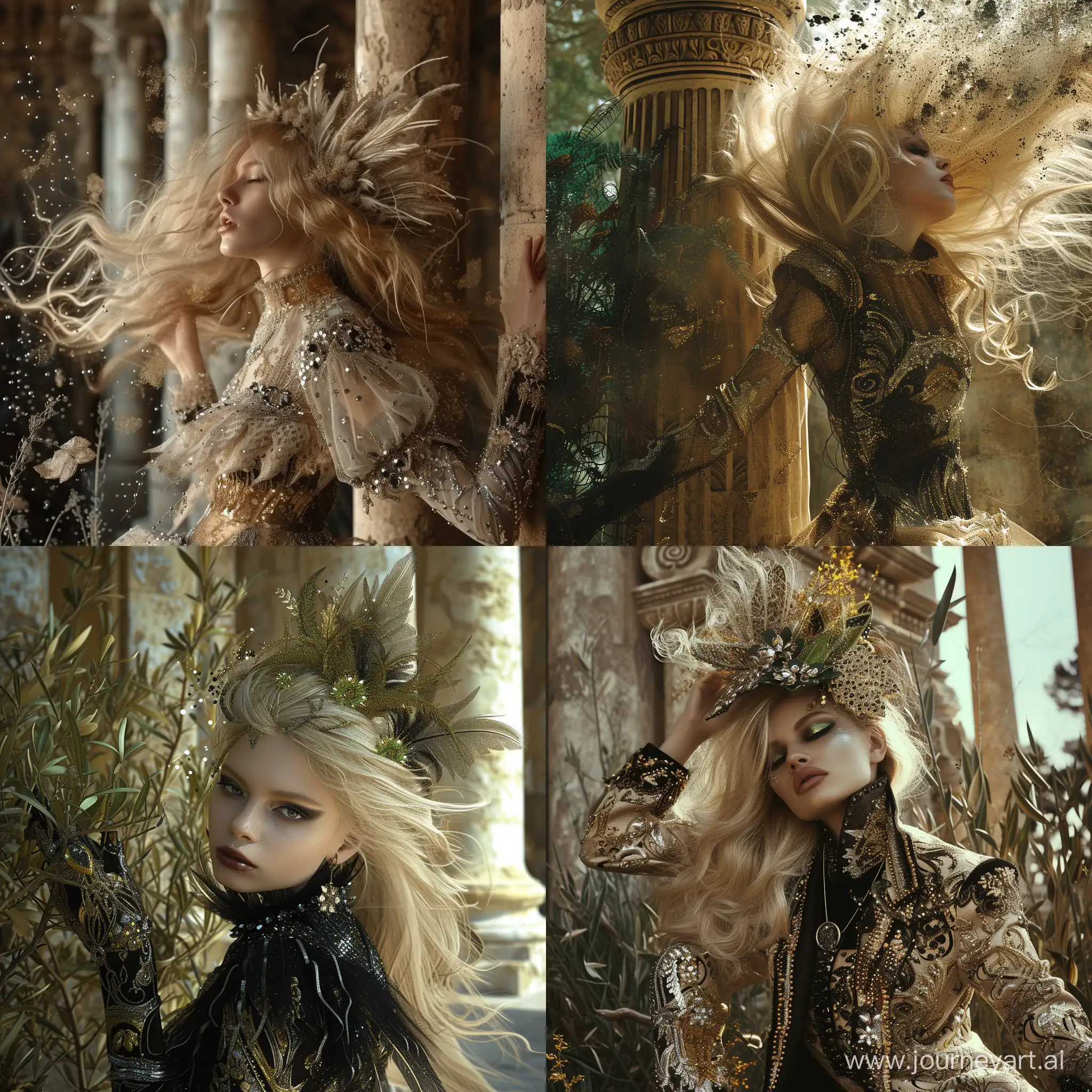Enchanting-High-Fashion-Blonde-Prima-Strikes-Dynamic-Pose-Among-Exotic-Plants-and-Ancient-Columns