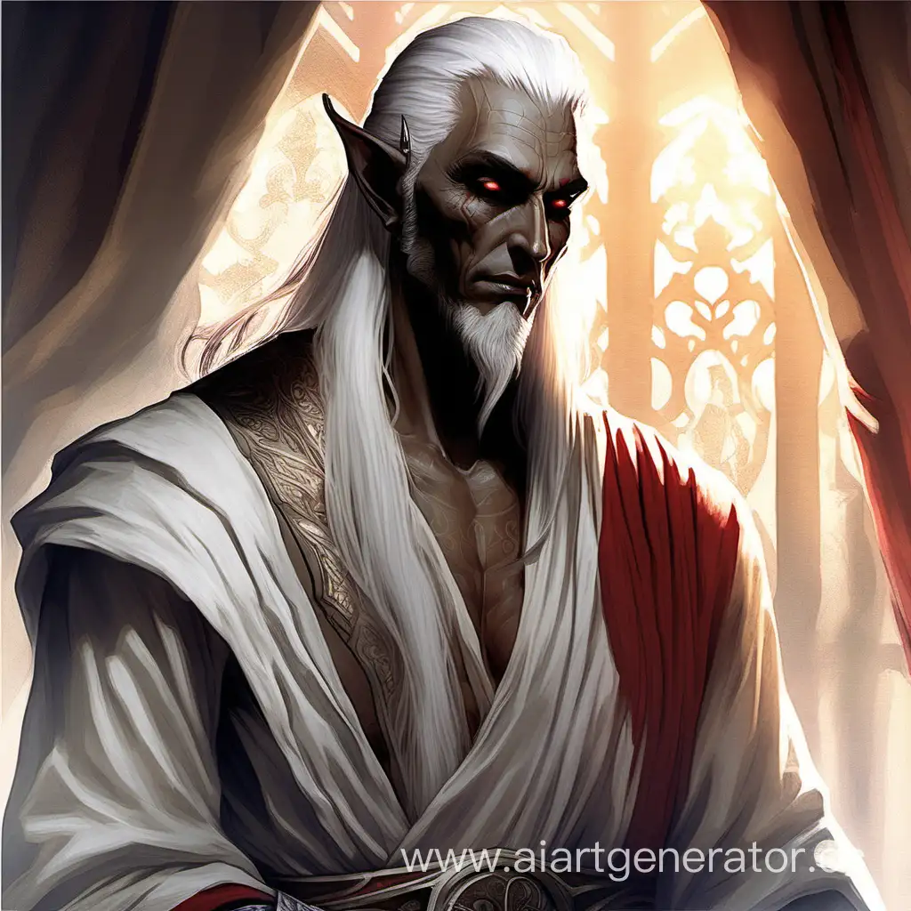 ESO god Dunmer Sotha Sil looking dark elfy, red, slanted diagonal eyes that don't glow, and standing patiently in his toga dress thing with his long white hair admiring his works. His arm is mechanical.
Bathed in morning light and dressed in a sheer, white, translucent robe, his artificial body silhouetted inside. He looks down at us as he disrobes.
He is non-threatening, but has sexy paternal vibes. Soft, gentle smile. Aloof, but compassionate. Clothes slipping off his shoulders.