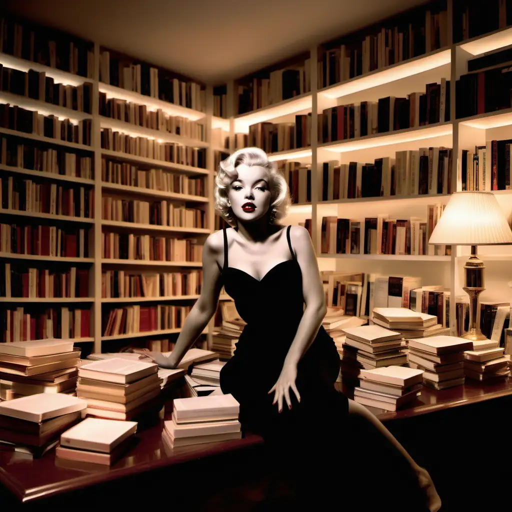 MARYLIN MONROE SURROUNDED BY ALMOST 400 BOOKS INSIDE HER STUDY ROOM WITH AMBIENT LIGHNTING
