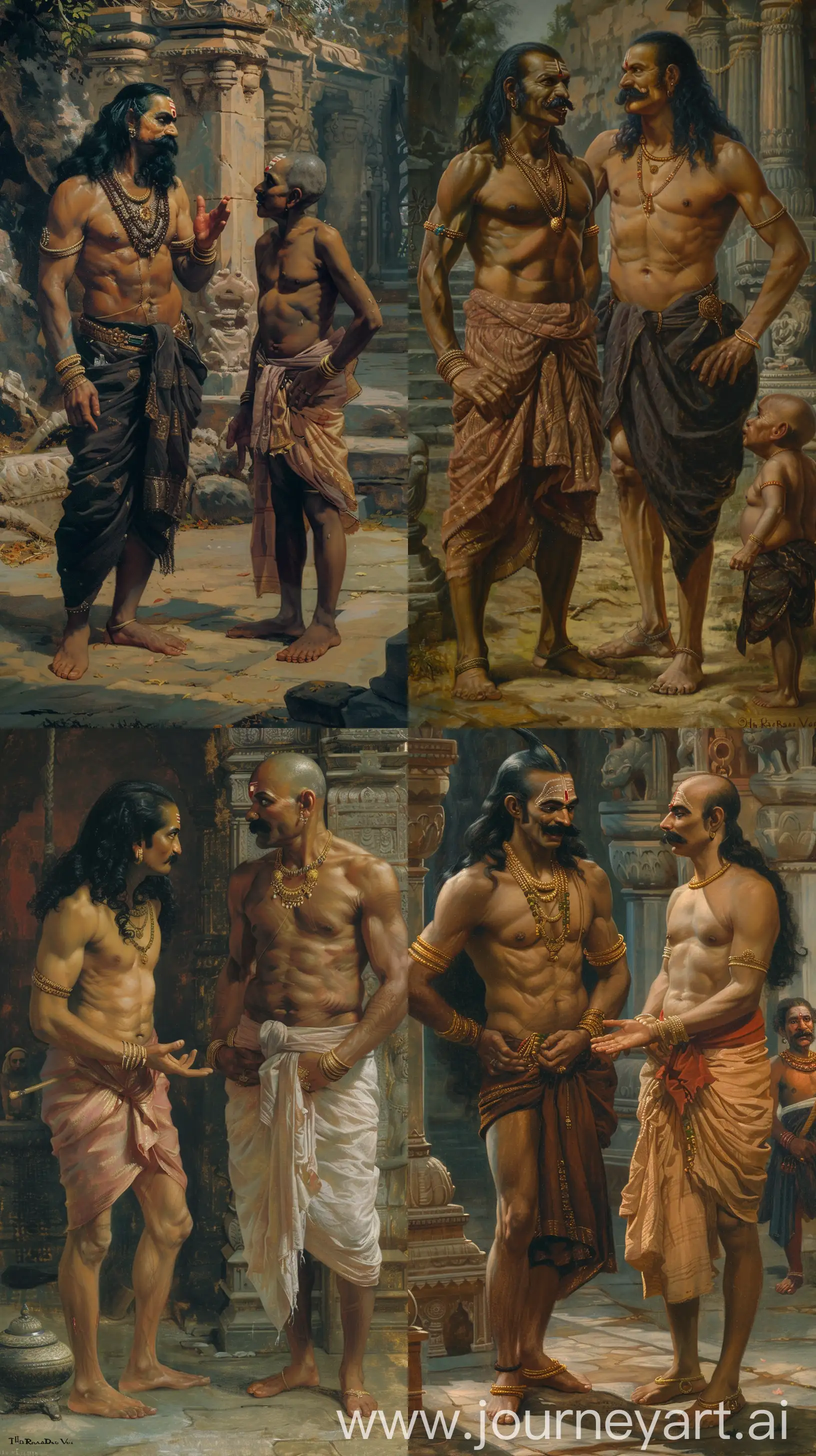 Raj Ravi Varma art style depicting The Daitya king Bali a muscular Indian man in his forties with a long black hair and a moustache, chatting with a short statured bald Brahman, intricate detail 8k quality image --ar 9:16 --v 6