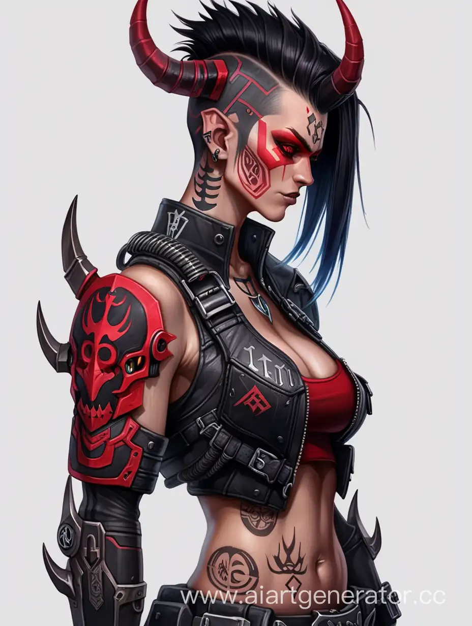 Demon, red skin, short black hair with mohawk, cyberpunk black and red military armor, rune tattoo, horns, female character