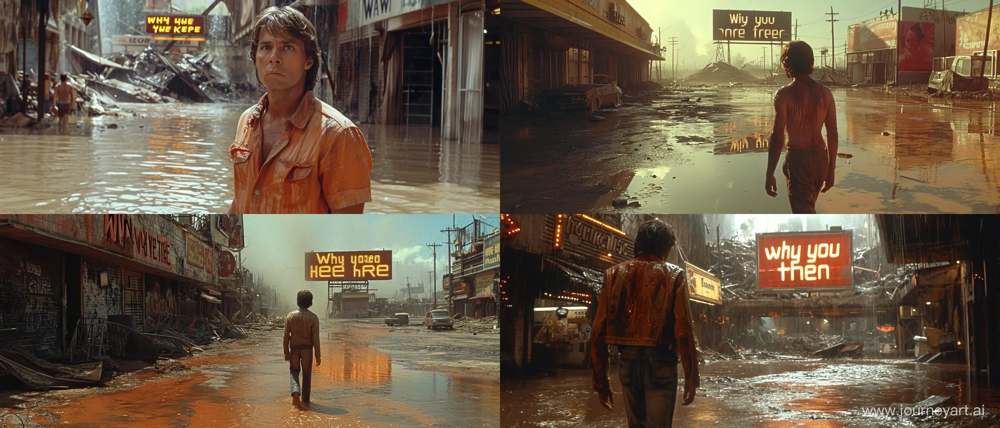 A scene of a sci-fi movie from 1976 in which a man is walking through a version of his home land that is destroyed, wet and dirty covered by a toxic never-ending rain. The man is seemly worried about his family and devastated by how the place looks now. Behind him a flashy billboard reads "Why are you still here?" --v 6 --ar 21:9 --style raw --stylize 1000
