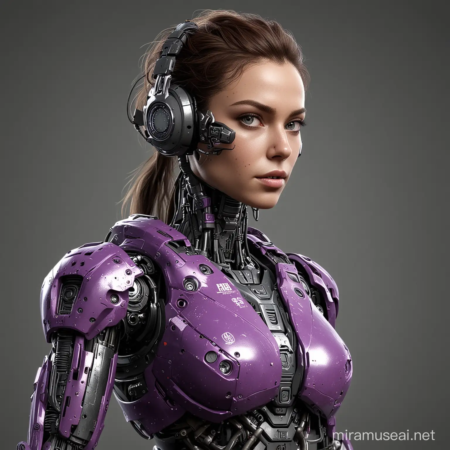 Futuristic Cybernetic Woman Engages in Action Inspired by Call of Duty in Purple Environment