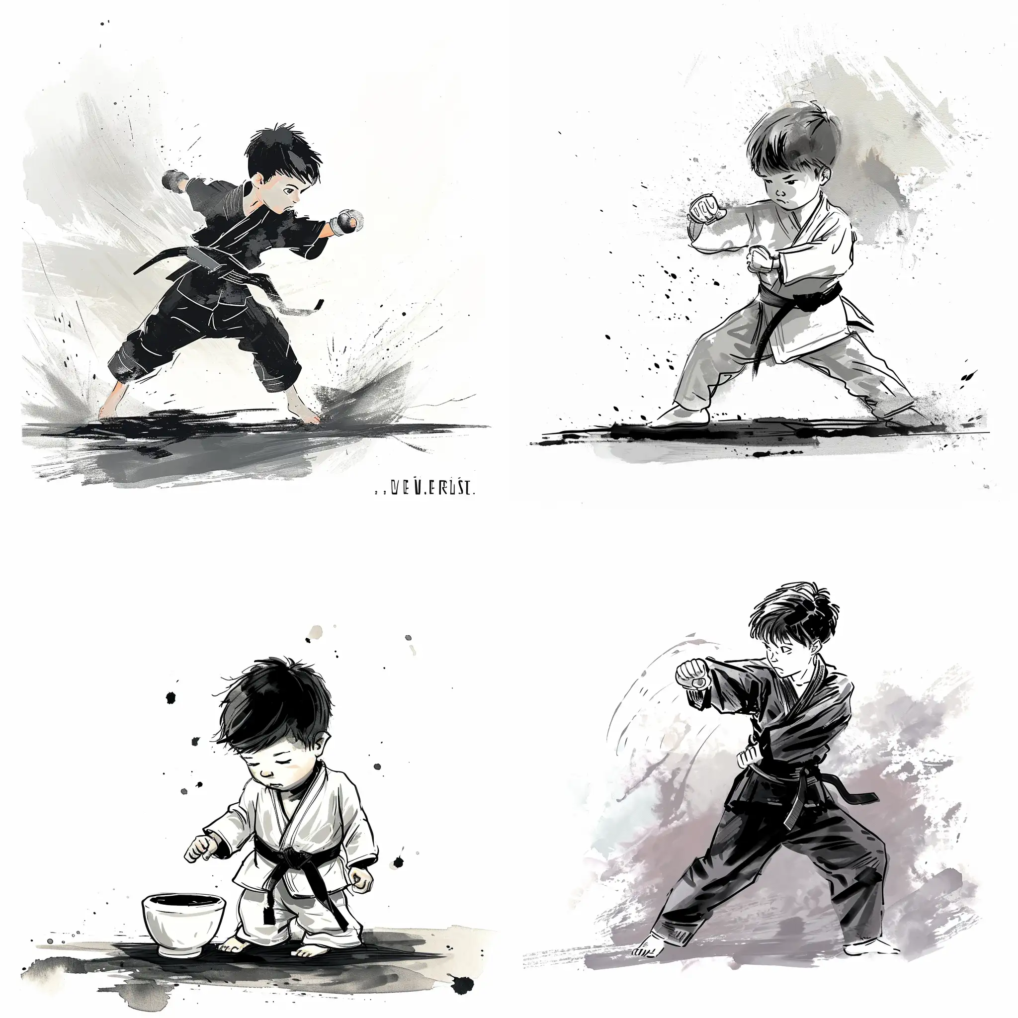 black ink illustration of a boy to do karate, pastel accents, in the style of eve ventrue, 2d game art, clamp, porcelain, high-contrast shading, illustration, white background, black, grey