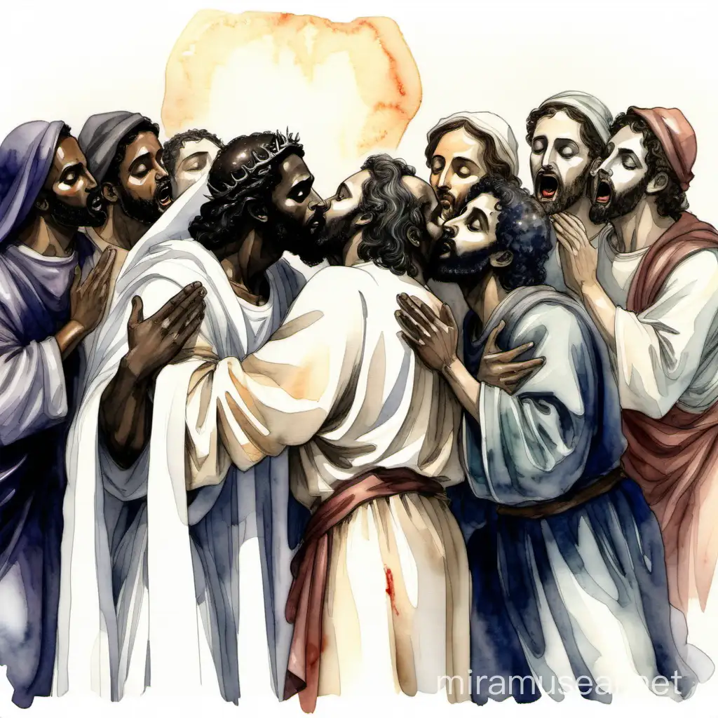 Black Watercolor Rendering of Judas Betraying Jesus with a Kiss