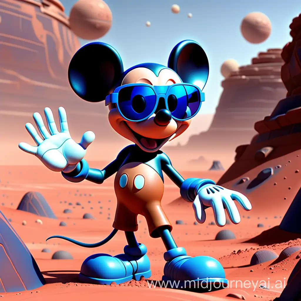 Micky mouse in mars with blue sunglasses waving to the camera, pixar style
