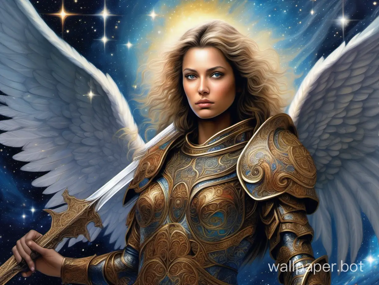 painting ultrarealistic illuminated beautiful warrior angel, peacefully face, macro camera zoomed on her face, hyper-detailed ornamental colored armor, amazing hyper-detailed sword in hands, looking to sky, religious painting style, smooth star galaxy background
