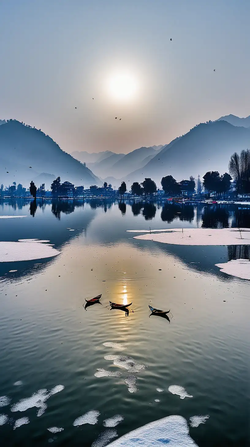 Winter Serenity at Dal Lake Frozen Beauty Amidst SnowCovered Shores